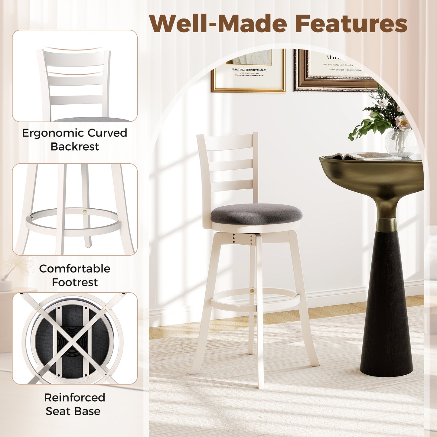 25"/30.5" Swivel Barstools Set of 2 360° Rotating Bar/Counter Height Chairs with Upholstered Seat-30.5 Inch Bar Stools at Gallery Canada