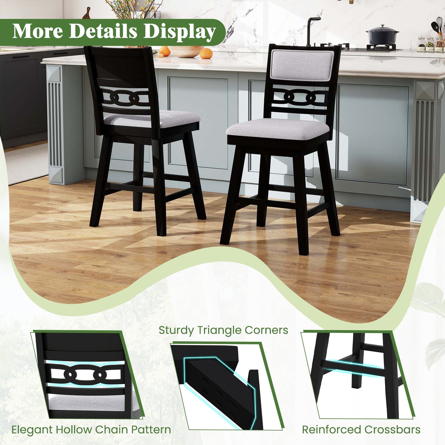 25 Inch Bar Stools, Set of 2, Upholstered Backrest, 360° Rotation Seat, Black Bar Stools at Gallery Canada
