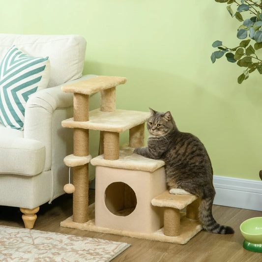 Cat Stairs with Scratching Posts, 23.6" x 15.7" x 26", Beige