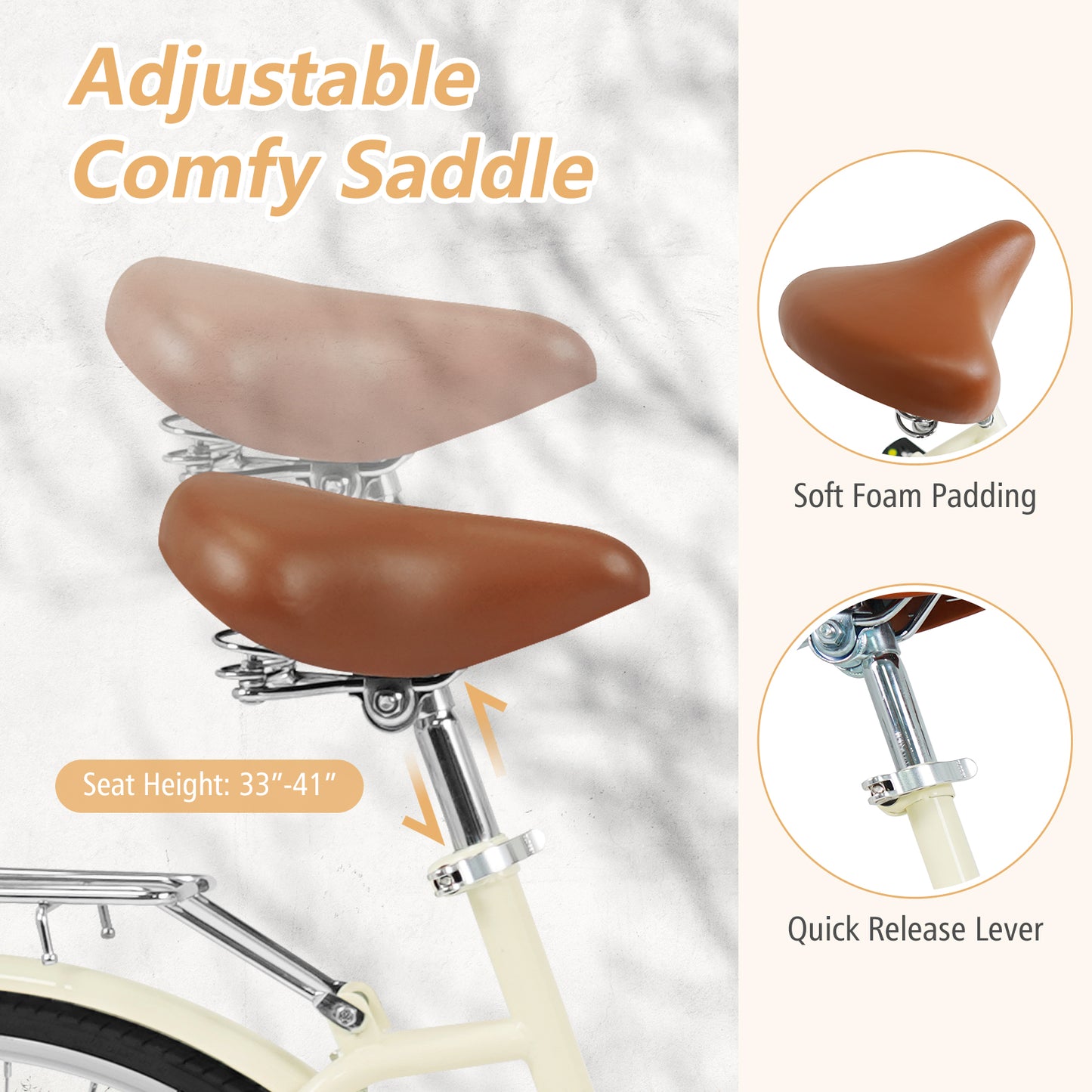 26 Inch Beach Cruiser Bike for Women with Woven Basket and Rear Rack - Beige, Beige Kids Bike at Gallery Canada