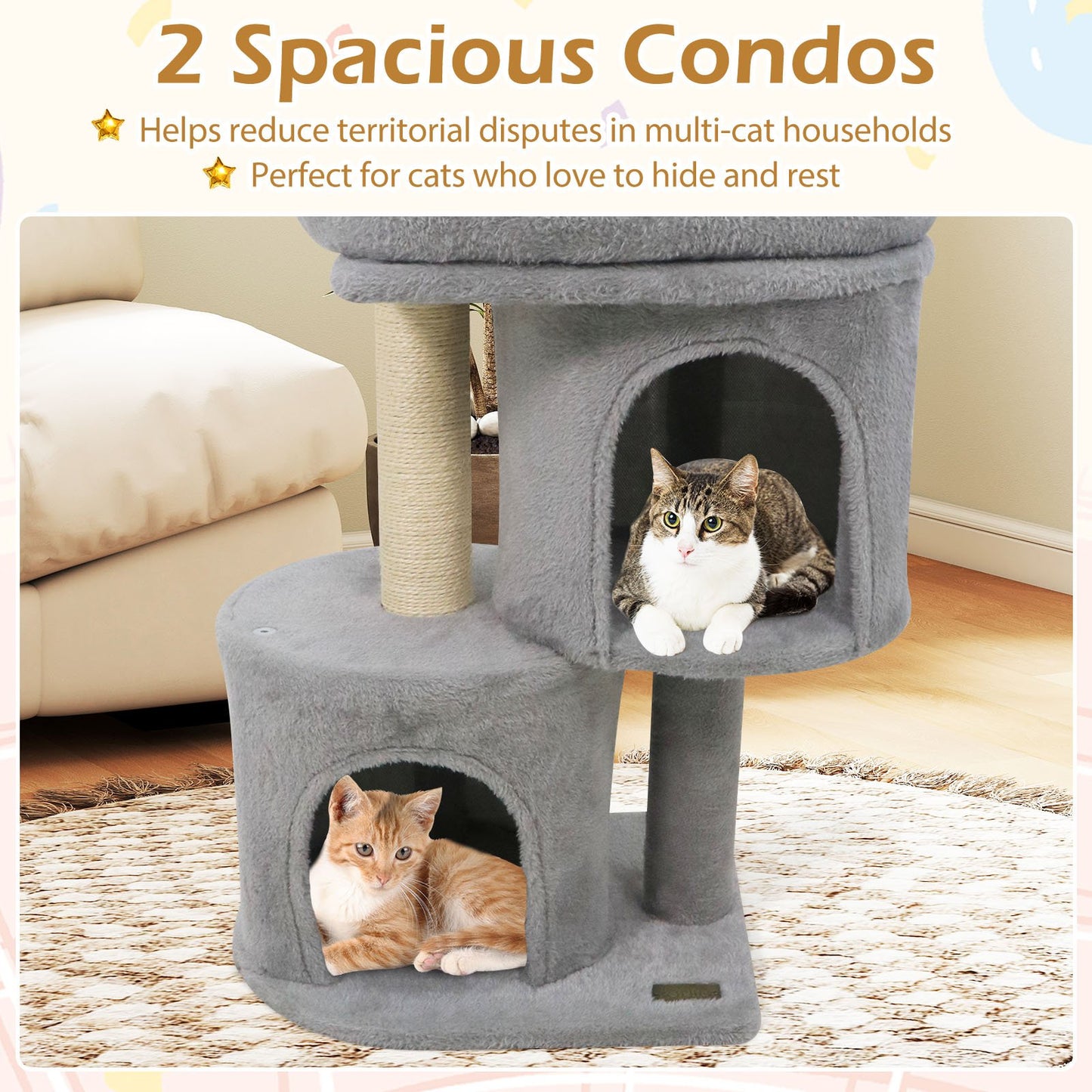26 Inch Cat Tower with Large Padded Push Perch and Dual Condos, Light Gray Cat Trees Condos & Scratchers at Gallery Canada