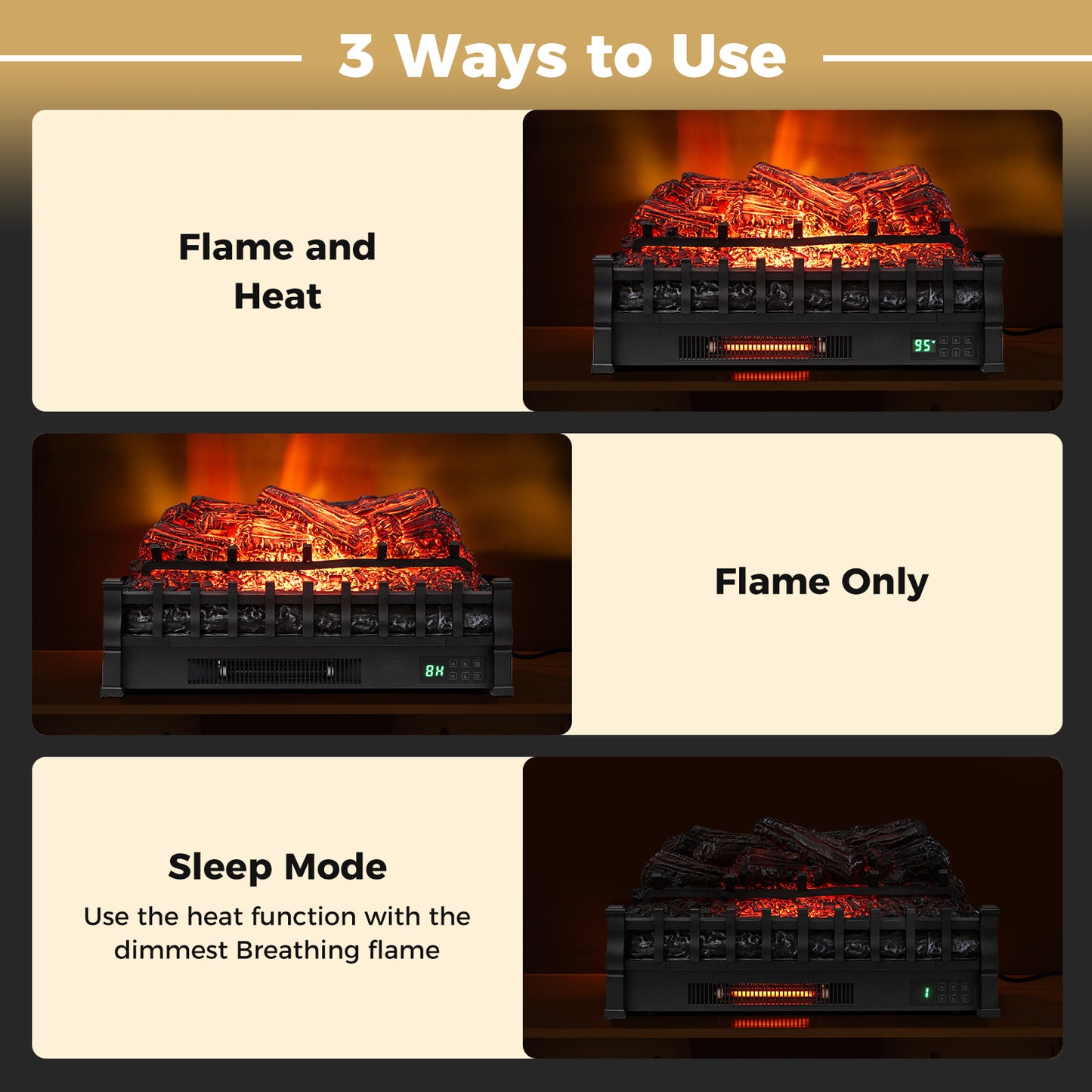 26 Inch WiFi Infrared Quartz Electric Fireplace Insert Logs Heater with Realistic Pinewood Logs, Black Fireplaces at Gallery Canada