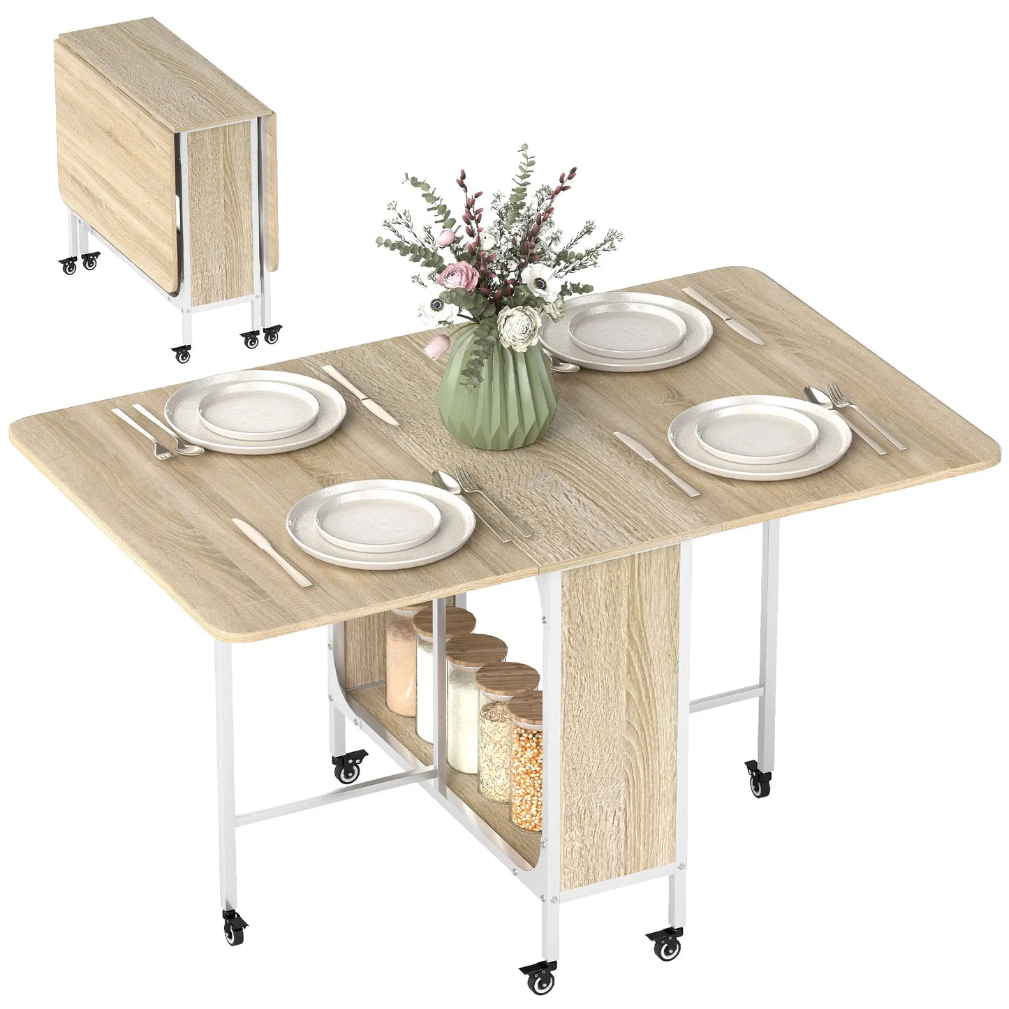 Folding Dining Table, Extendable Kitchen Table With Storage Shelf, Natural Wood Dining Tables at Gallery Canada
