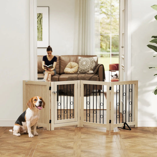 Wooden Foldable Dog Gate, 4 Panels, Walk-Through Door Pet Gates Oak, Black at Gallery Canada
