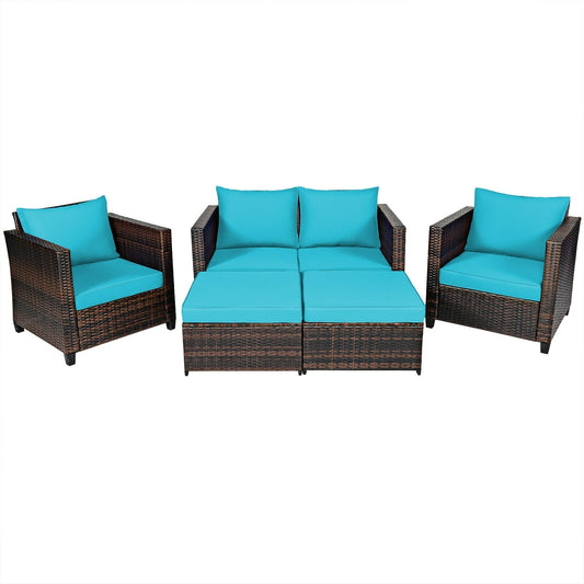 5 Pieces Patio Cushioned Rattan Furniture Set, Turquoise at Gallery Canada