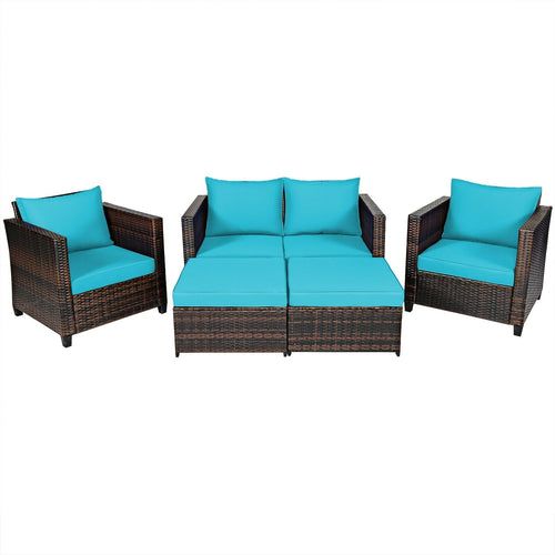 5 Pieces Patio Cushioned Rattan Furniture Set, Turquoise
