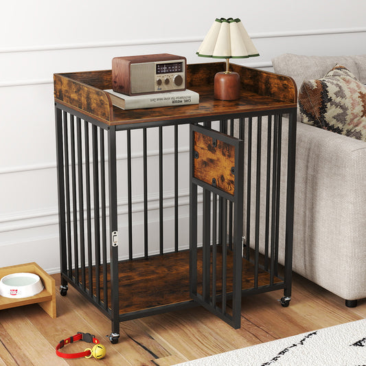 27.5 Inch Dog Crate Furniture with Wheels for Small Dogs and Puppies, Rustic Brown Pet Gate Rustic Brown at Gallery Canada
