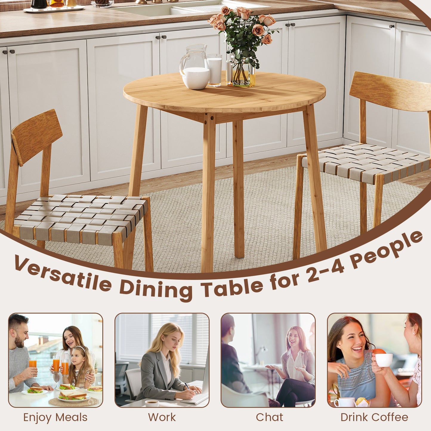 27.5 Inch Round Bamboo Dining Table for 2-4 Person, Natural Dining Tables at Gallery Canada