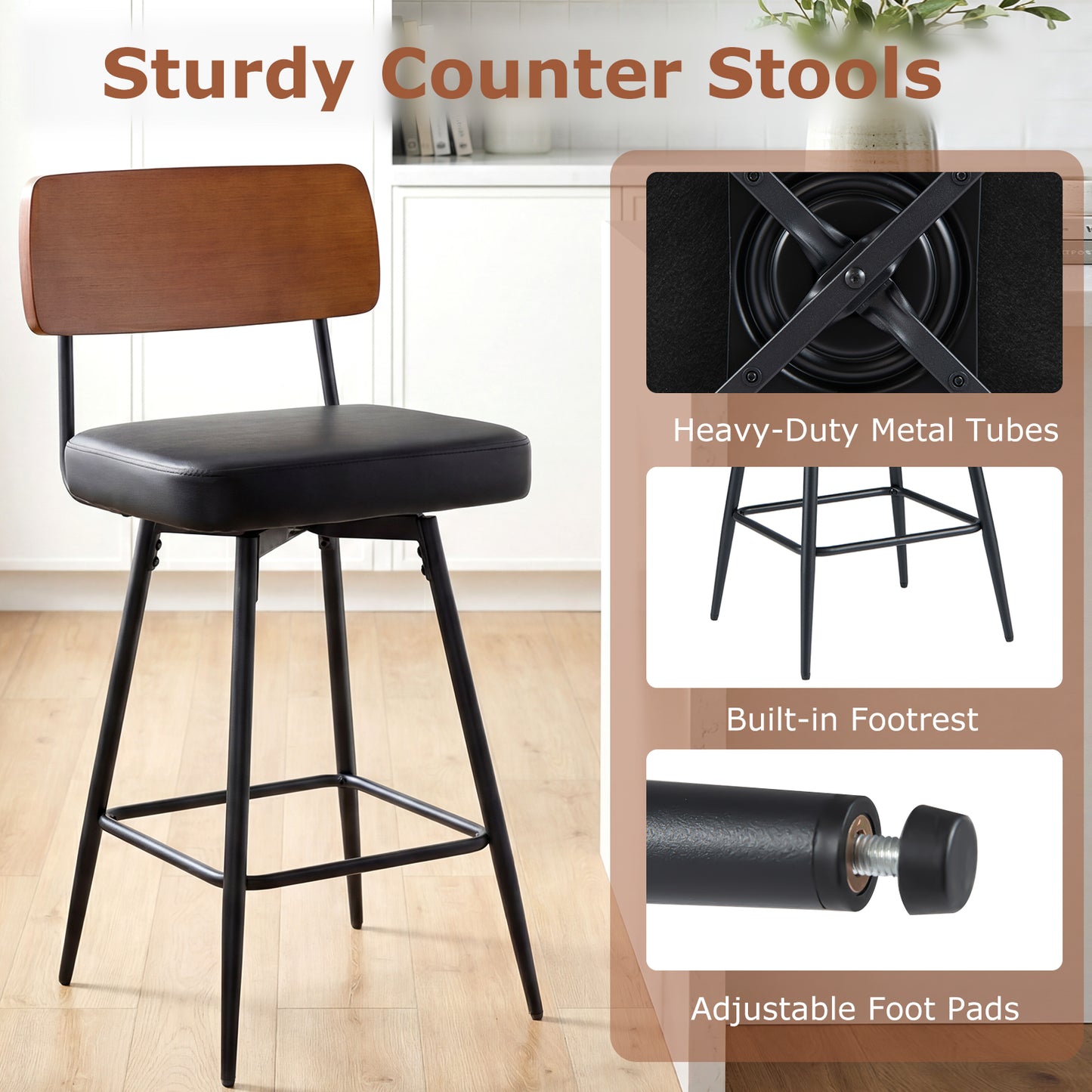 27 Inch Padded Counter Barstools Set of 2 with Metal Legs, Black Bar Stools at Gallery Canada