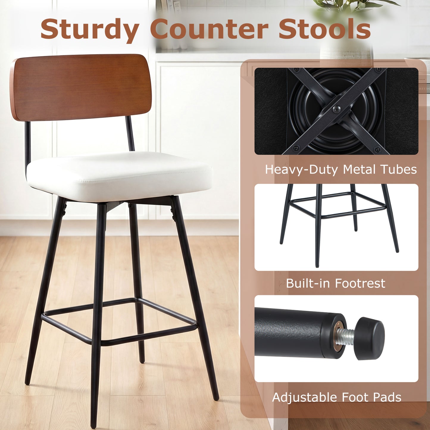 27 Inch Padded Counter Barstools Set of 2 with Metal Legs, White Bar Stools at Gallery Canada