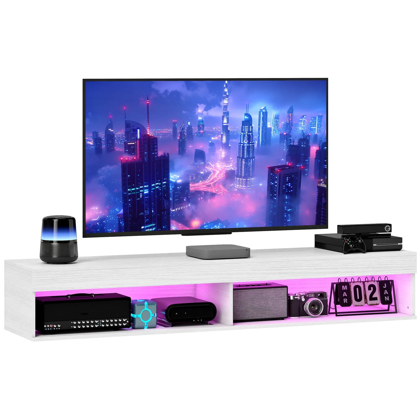 Wall Mounted TV Stand With Storage, LED Lights, For TVs Up To 75", White TV Stands at Gallery Canada