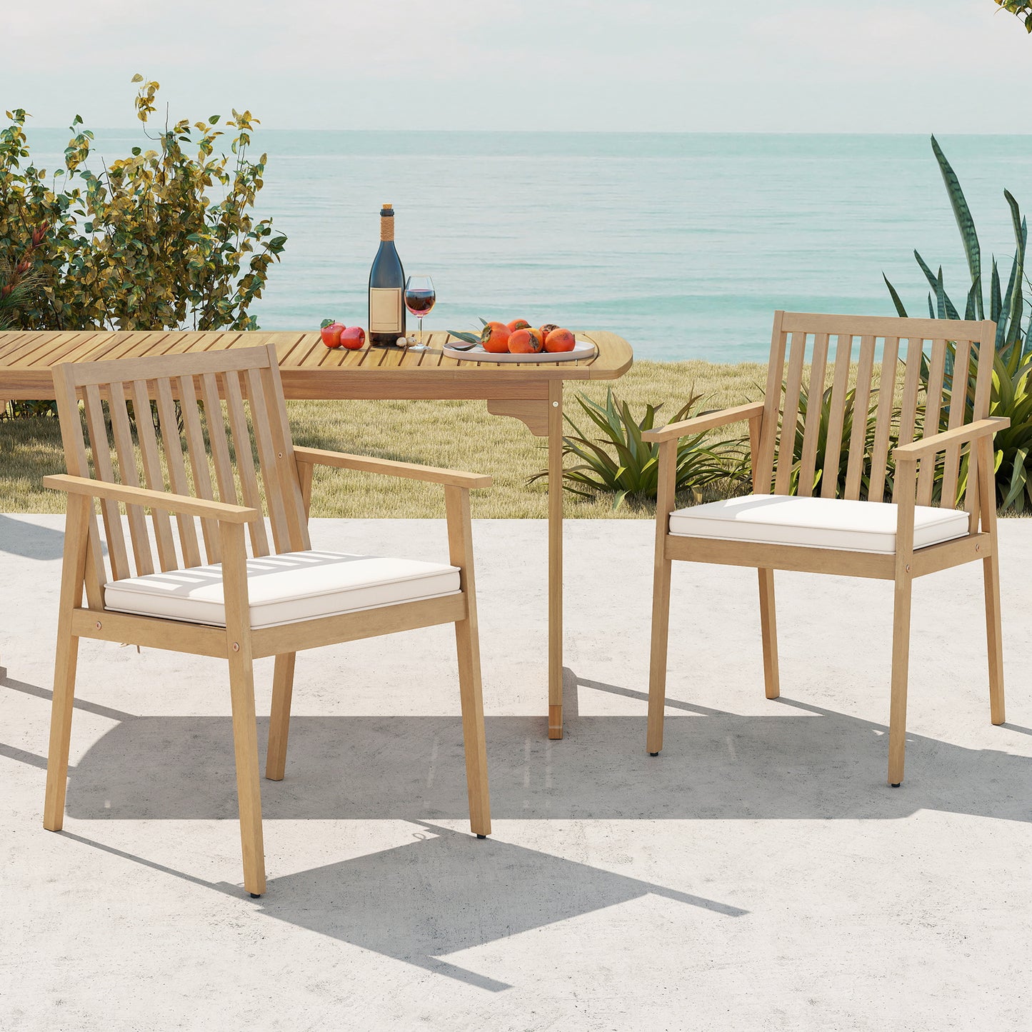 2 Acacia Wood Patio Dining Chairs, Outdoor, Removable Padded Cushion, Oak Patio Dining Chairs at Gallery Canada