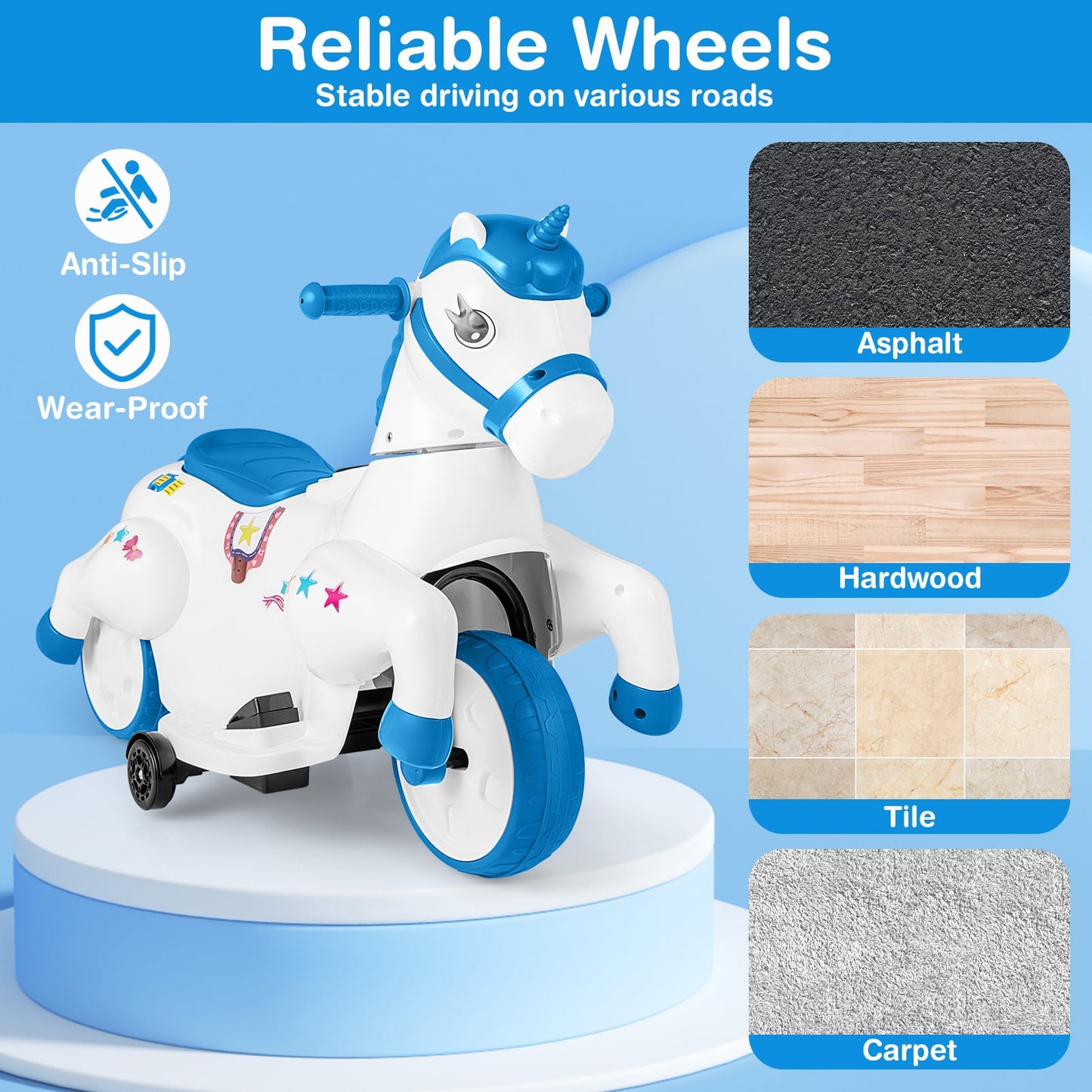 12V Unicorn Ride On Toy, Training Wheels, Horse Riding Mode, Navy