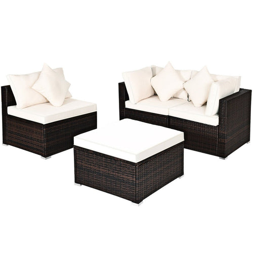 4 Pcs Ottoman Garden Deck Patio Rattan Wicker Furniture Set Cushioned Sofa, White