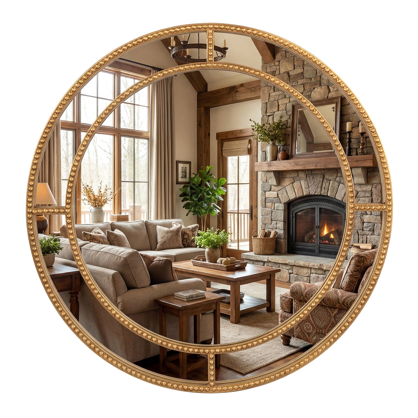 28 Inch Round Wall Mirror, Beaded Frame, Living Room Entryway, Gold Wall Mirrors Golden at Gallery Canada