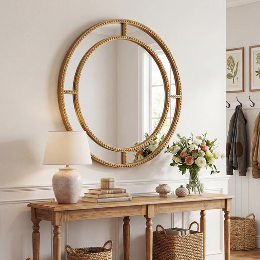 28 Inch Round Wall Mirror, Beaded Frame, Living Room Entryway, Gold Wall Mirrors Golden at Gallery Canada