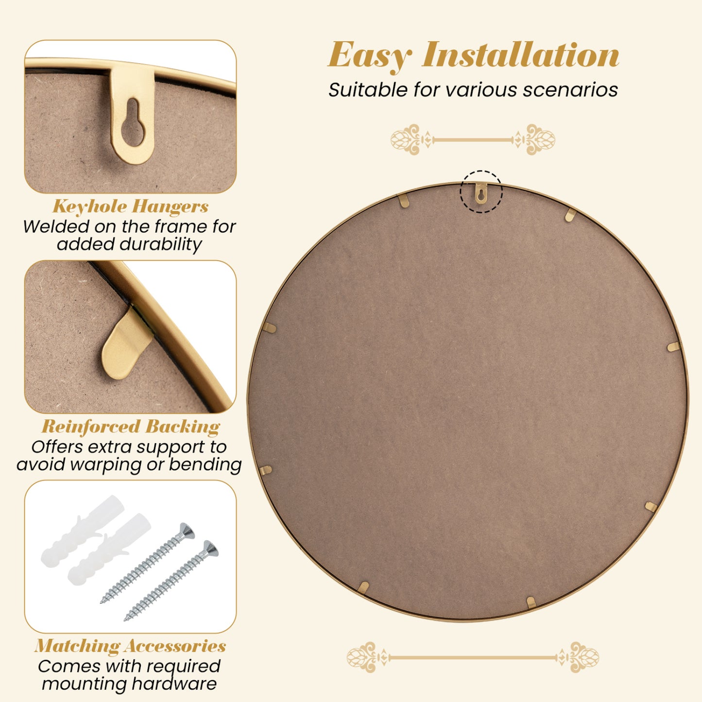 28 Inch Round Wall Mirror, Beaded Frame, Living Room Entryway, Gold Wall Mirrors at Gallery Canada