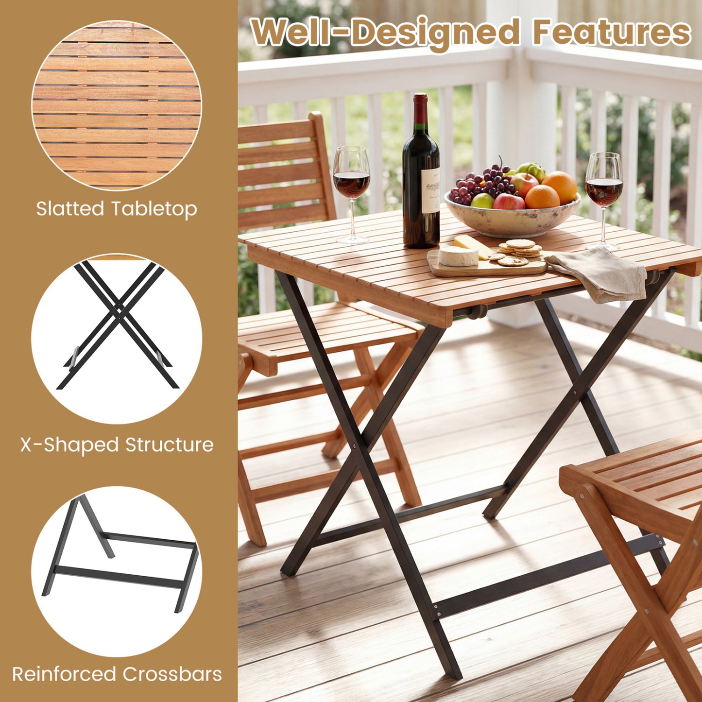 28 Inch Folding Square Table, Slatted Tabletop, Patio Porch Patio Dining Tables at Gallery Canada