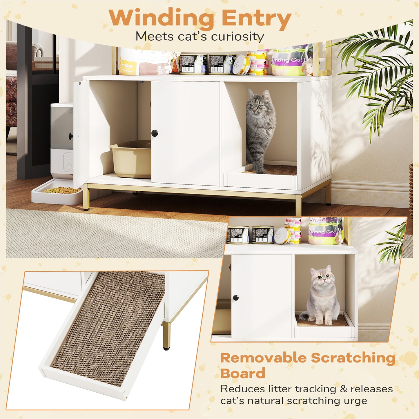 57 Inch Cat Litter Box Enclosure, Storage, Removable Scratcher, White Cat Houses at Gallery Canada