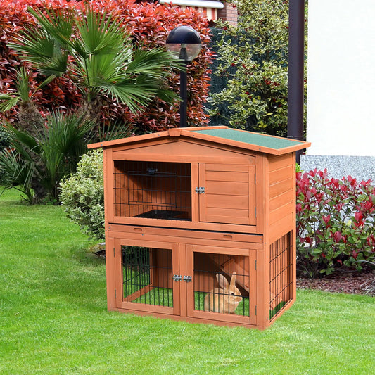 2 Tier Rabbit Hutch, Guinea Pig Cage, Ferret Enclosure, 39.6"L x 21.7"W x 39.8"H Rabbit Hutch Natural at Gallery Canada