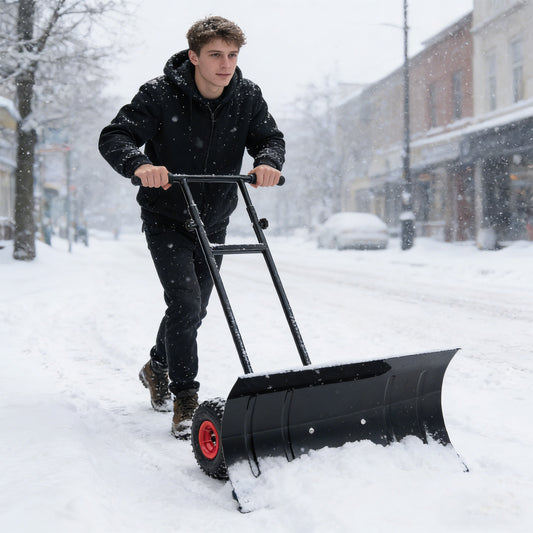 29 Inch Snow Pusher Heavy Duty Metal Shovel with Wheels and Adjustable Handle, Black Snow Removal Black at Gallery Canada