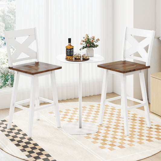 29" Rubberwood Swivel Barstools Set of 2 with Backrest and Large Seat, White