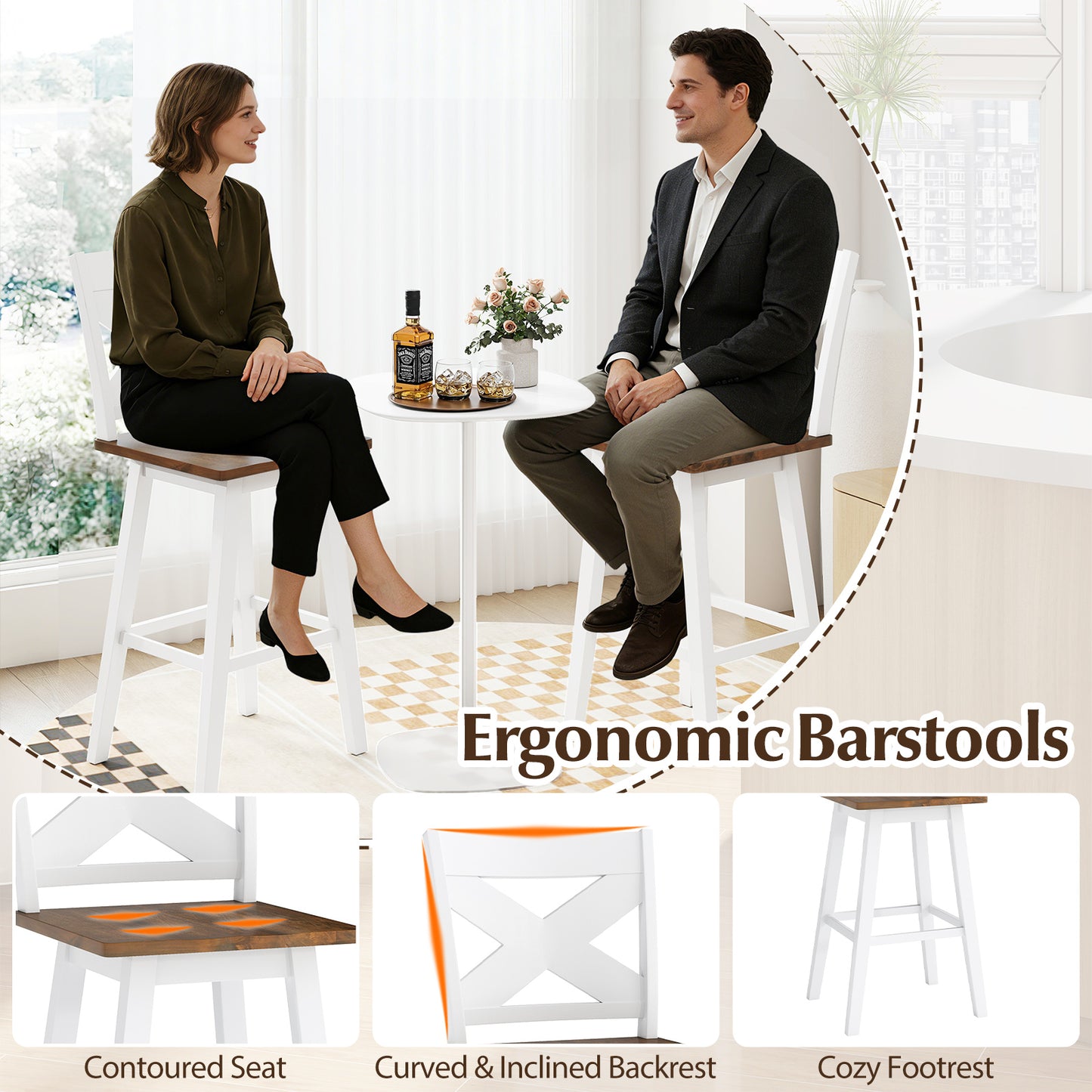 29" Rubberwood Swivel Barstools Set of 2 with Backrest and Large Seat, White Bar Stools at Gallery Canada