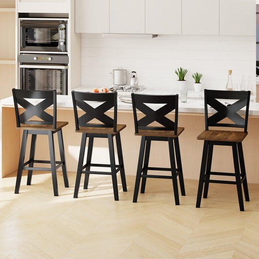 29" Rubberwood Swivel Barstools Set of 4 with Backrest and Large Seat, Black