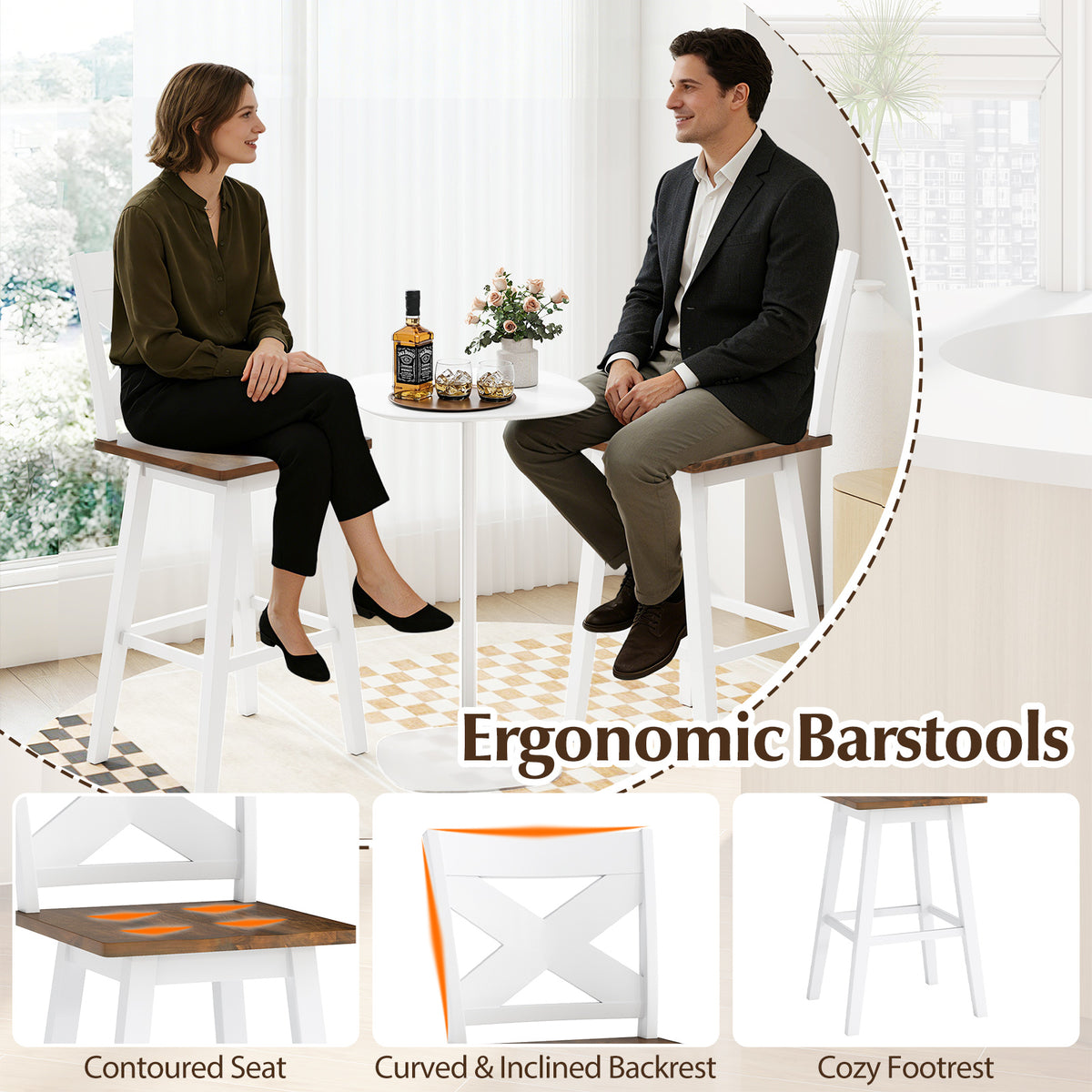 29" Rubberwood Swivel Barstools Set of 4 with Backrest and Large Seat-Wh ite, White Bar Stools at Gallery Canada