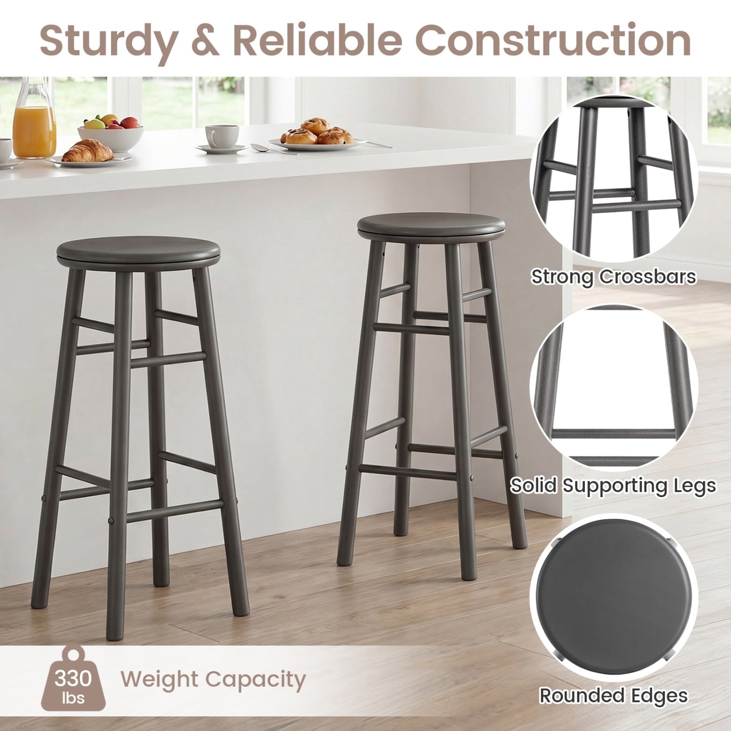 29" Swivel Bar Stools Set of 2, Gray Bar Stools at Gallery Canada