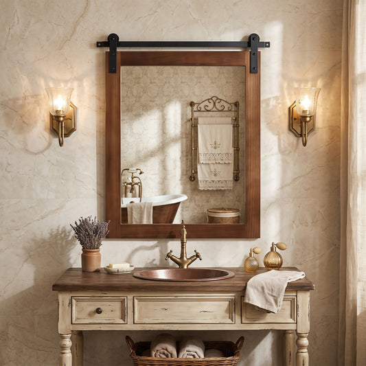 29" x 23" Rectangle Farmhouse Wall Mirror, Metal Bracket, Rustic Brown Wall Mirrors Rustic Brown at Gallery Canada