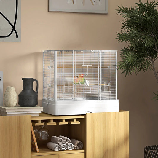22" Bird Cage for Budgies, Finches, Canaries, Wooden Stand, White