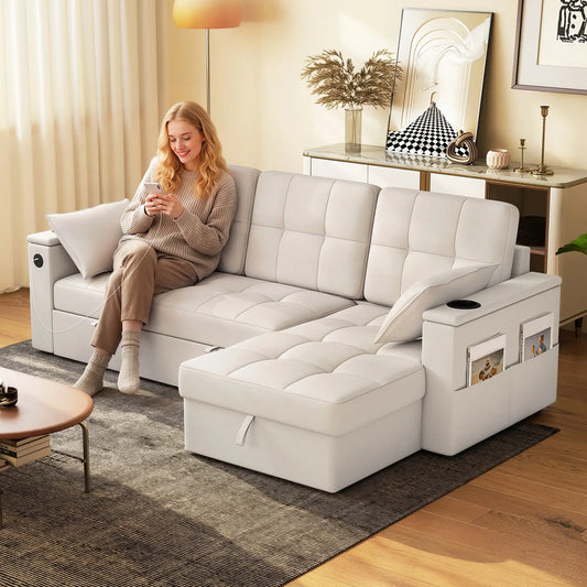 Convertible Sectional Sofa Bed, Pull Out Sleeper With USB‑A+C, Chaise Storage, L-Shaped Futon, Beige Sofas & Reclining Chairs Beige at Gallery Canada