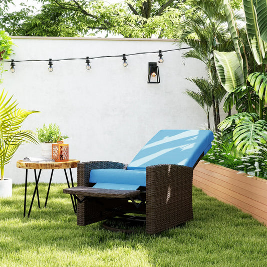 Outdoor Rattan Lounge Chair with Footrest, Soft Cushion, Sky Blue Patio Chairs Coffee Rattan, Sky Blue Cushion at Gallery Canada