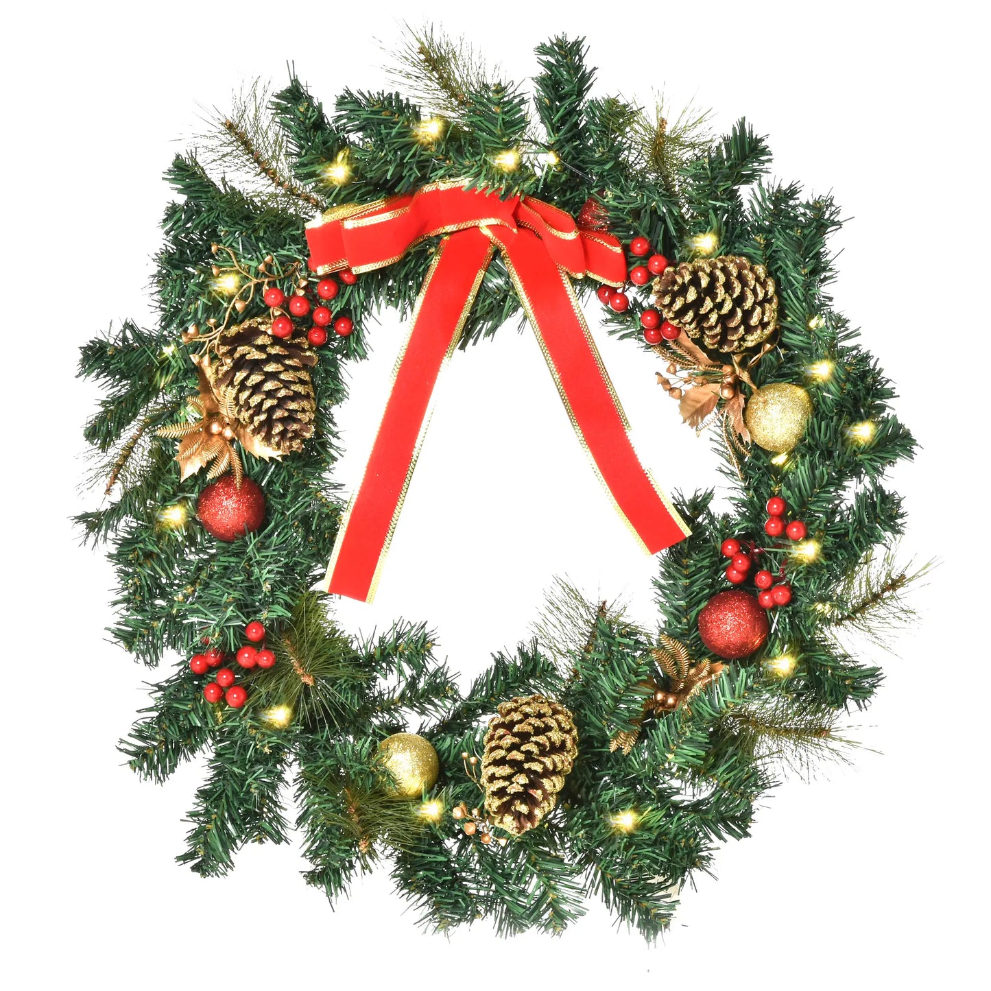 24" Pre-Lit Christmas Wreath, Artificial Greenery, 20 LED Lights, Red Berries Christmas Wreaths at Gallery Canada