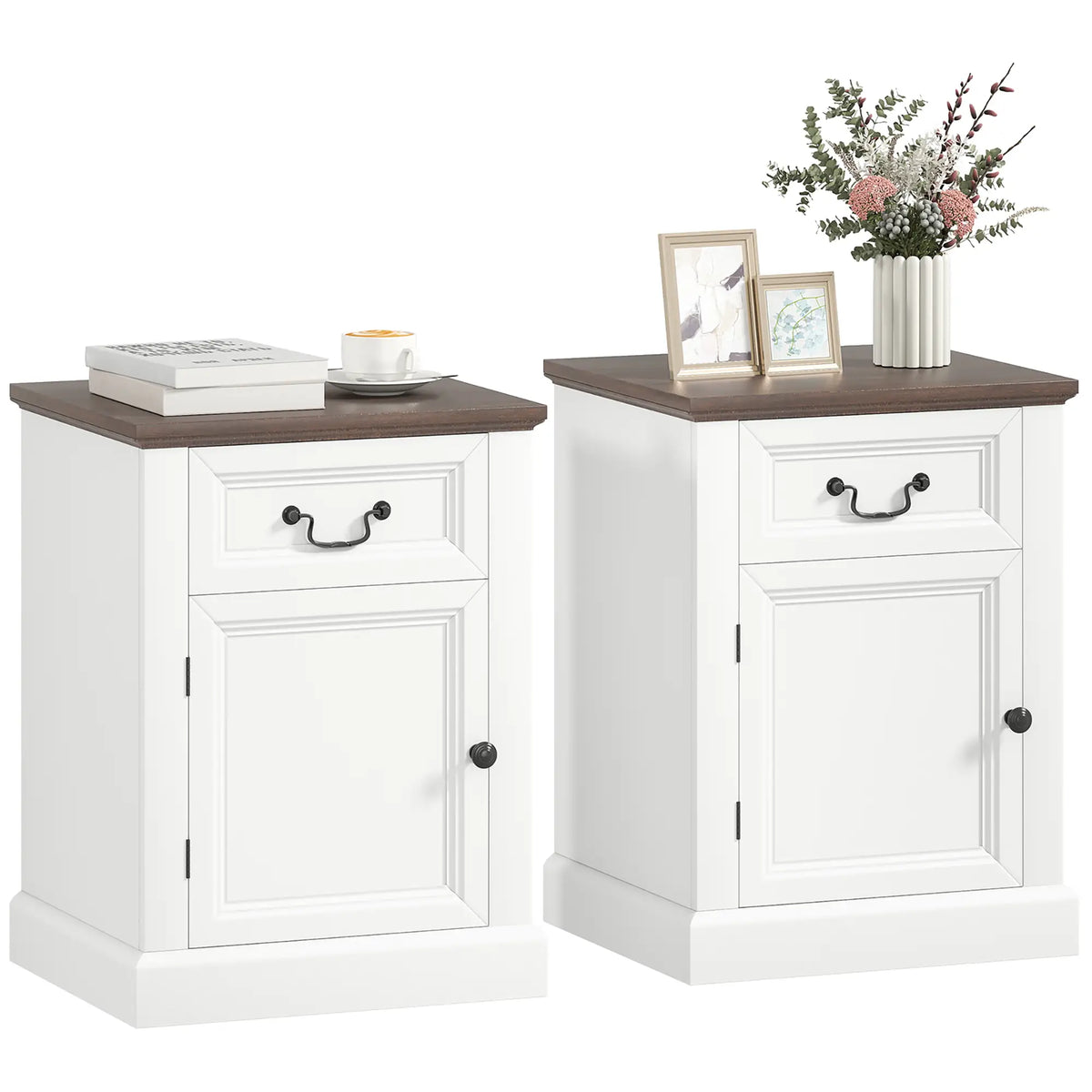 Table d'appoint Ensemble de 2, avec Tiroir et Armoire, Blanc