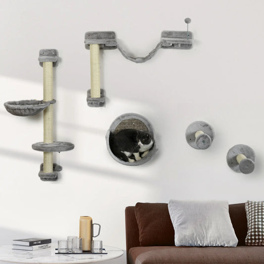 5PCs Cat Wall Shelves, Hammock, Scratching Posts, Perches, Ladder, Light Grey Cat Climbing Wall Light Grey, Beige at Gallery Canada