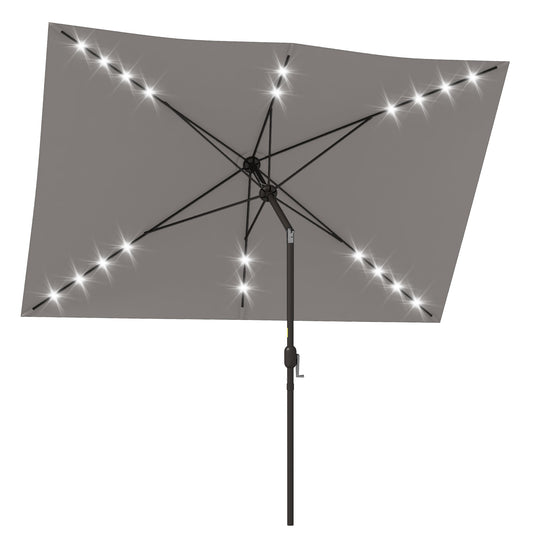 6.5x10ft Patio Umbrella Tilt Aluminum Outdoor Market Parasol with Solar Powered LEDs, Crank - Light Grey