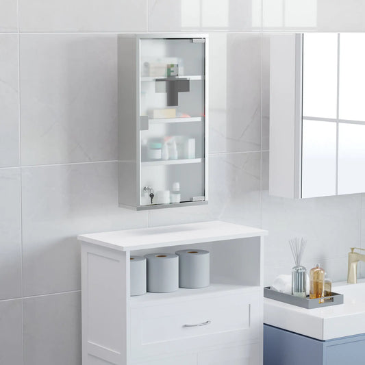 Wall Mount Medicine Cabinet, 4 Tier Shelves, Stainless Steel Frame, Glass Door, Lockable, 12" x 23.5", Silver Mirror Medicine Cabinets Silver at Gallery Canada