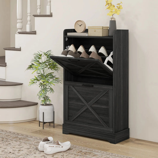 Slim Shoe Storage Cabinet, 2 Flip Drawers, Adjustable Shelves, Distressed, Grey Shoe Storage Cabinets & Racks Distressed Grey at Gallery Canada