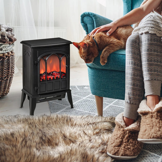 Electric Fireplace Stove, Freestanding Heater, Realistic Flame, Adjustable Brightness, Black Electric Fireplaces Black at Gallery Canada