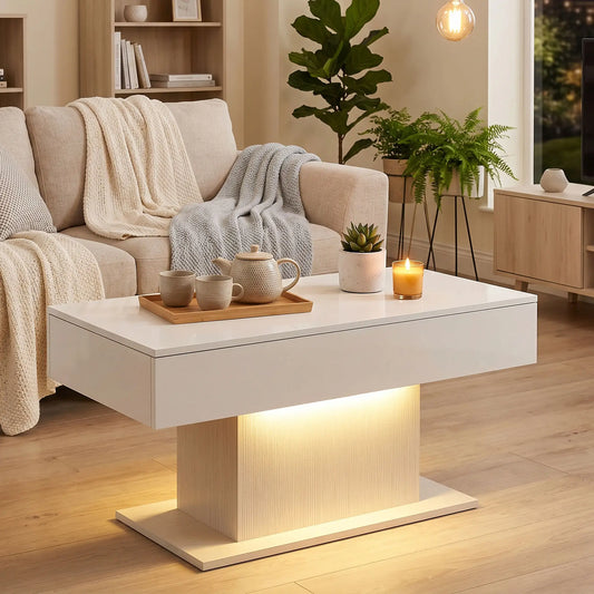 LED Coffee Table with Storage, High Gloss Modern Center Table with 2 Drawers and Remote Control for Living Room, White Coffee Tables White, High Gloss White at Gallery Canada