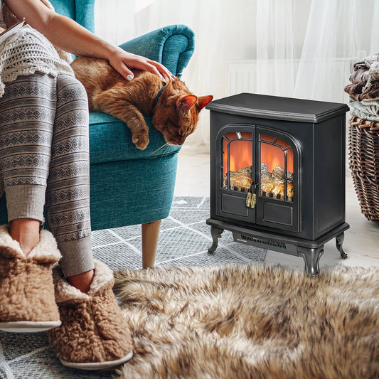 Electric Fireplace Stove Heater, LED Flame Effect, Double Door, Portable, Overheat Protection, 750W/1500W, Black Electric Fireplaces Black at Gallery Canada