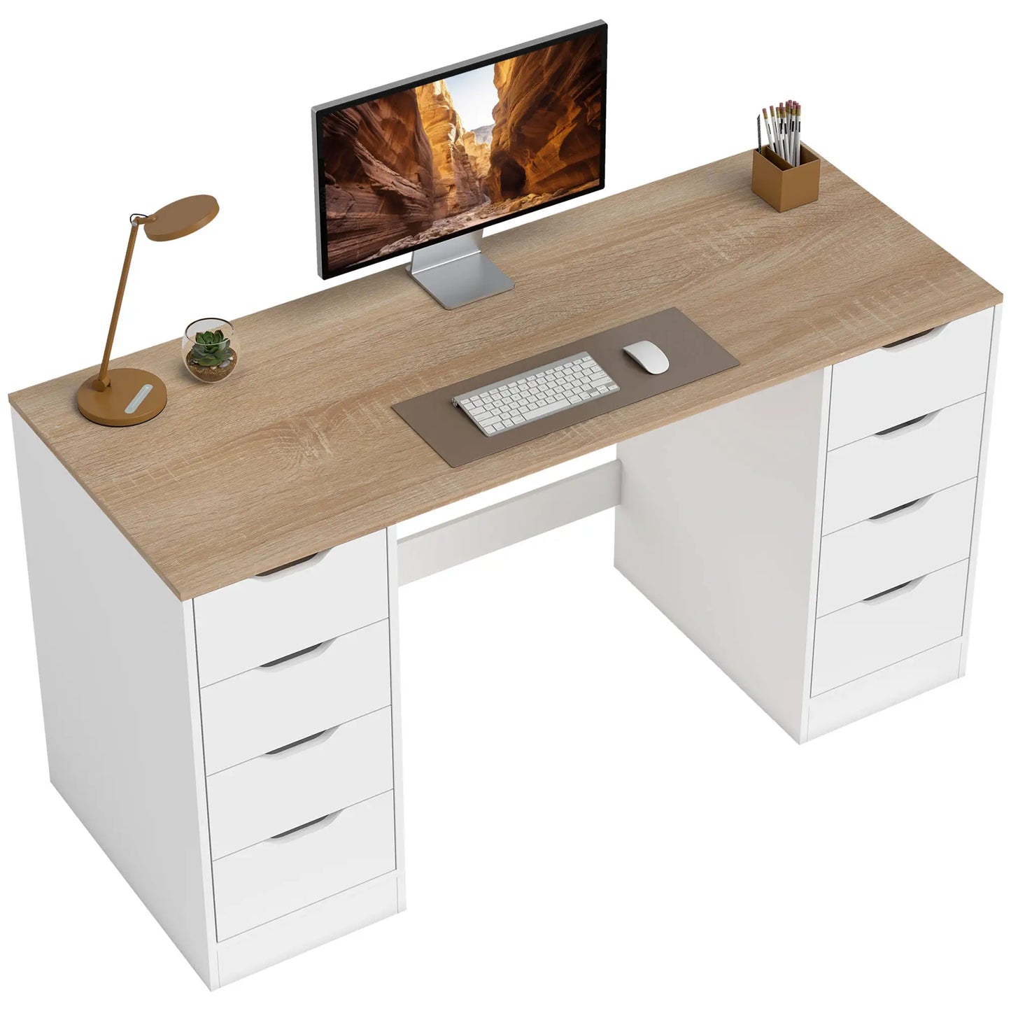 Desk With 8 Drawers, 55.1"W, White, Modern Computer Desk, White Computer Desks at Gallery Canada