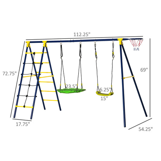 330 lbs Kids Swing Set for Backyard, Outdoor Play Equipment, with Adjustable Swing Seat, Basket Hoop, Climb Ladder, Net, A-Frame Metal Stand, Green - Gallery Canada