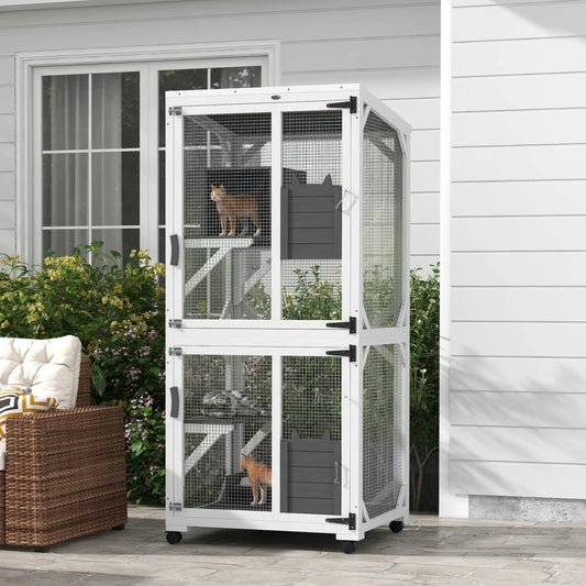 Catio extérieur, Design surélevé avec roues, Boîte de repos, Résistant à l'eau, Gris, Blanc