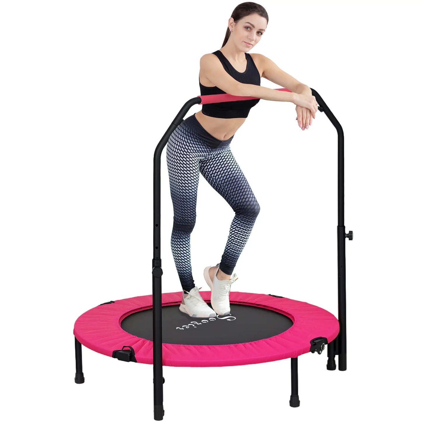 40" Foldable Mini Fitness Trampoline, Adjustable Foam Handle, Pink