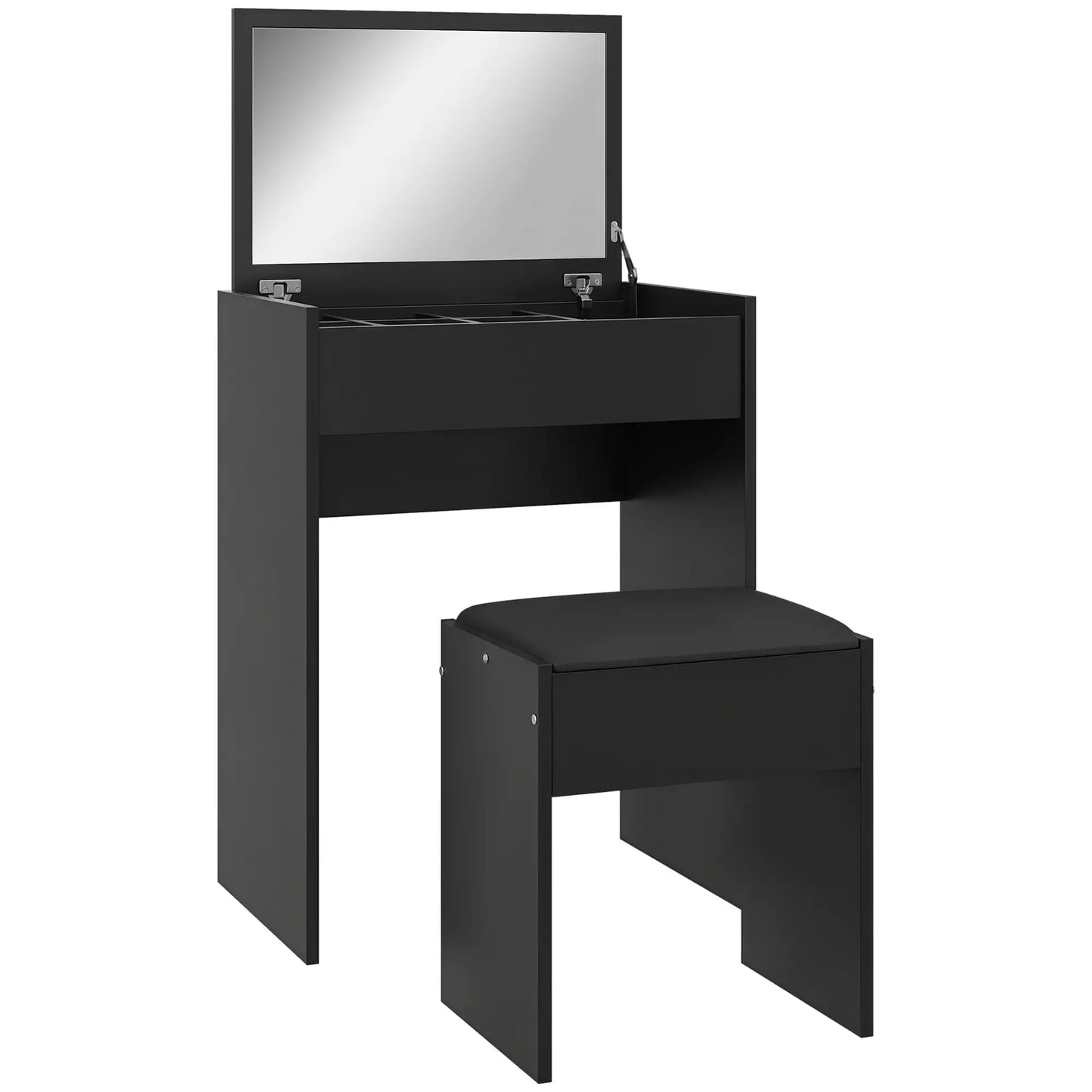 Ensemble de coiffeuse moderne, table de maquillage avec tabouret rembourré, miroir rabattable, noir