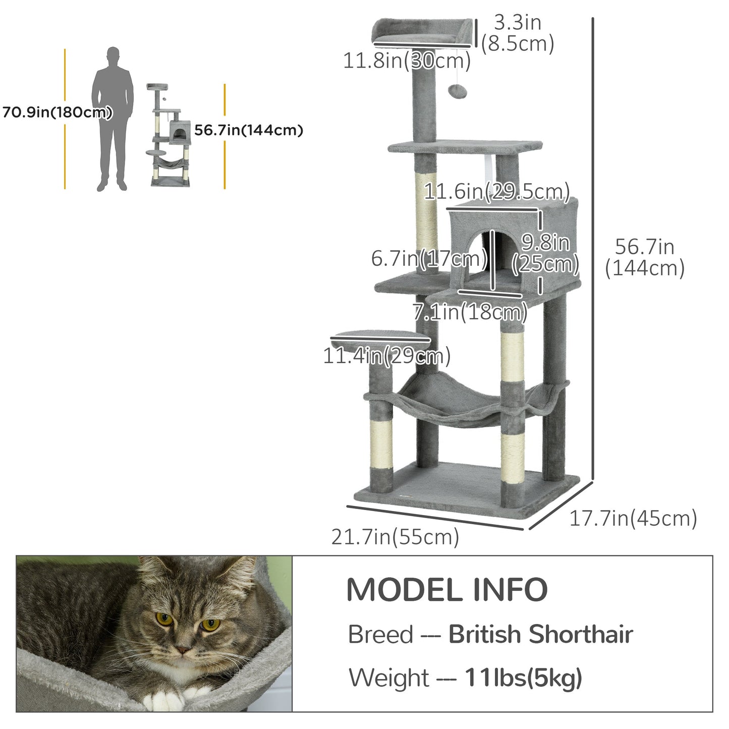 Tall Cat Tree for Indoor Cats, 57" Multi-Level Cat Tower with Hammock, Cat Bed, Cat Condo with Sisal Scratching Posts, Grey at Gallery Canada
