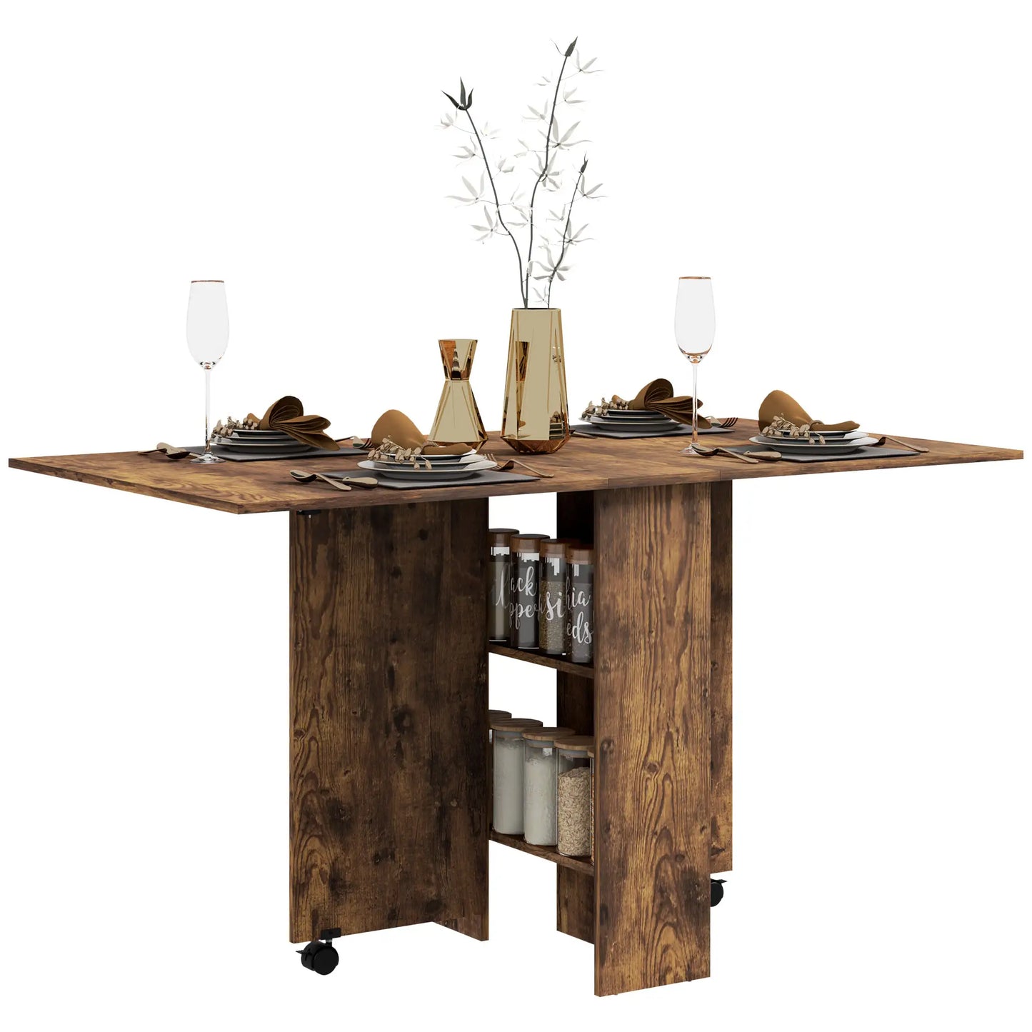 Extendable Dining Table, Collapsible w/ Shelves, Casters, Rustic Brown, Brown Dining Tables at Gallery Canada
